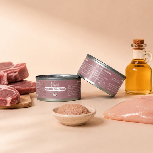 Boîtes de mousse pour chat à l'agneau Chat Vie et Santé, avec morceaux d'agneau frais, filet de poulet, carafe d'huile et coupelle de mousse.