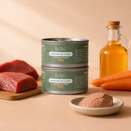 Boîtes de mousse pour chat au bœuf Chat Vie et Santé, avec morceaux de bœuf frais, carottes, carafe d'huile et coupelle de mousse.