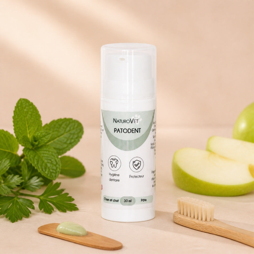 Dentifrice Patodent NaturoVet 30 ml pour chien et chat, avec menthe fraîche, persil, pomme verte et brosse à dents en bois.