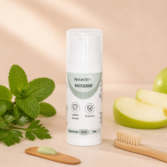Dentifrice Patodent NaturoVet 30 ml pour chien et chat, avec menthe fraîche, persil, pomme verte et brosse à dents en bois.