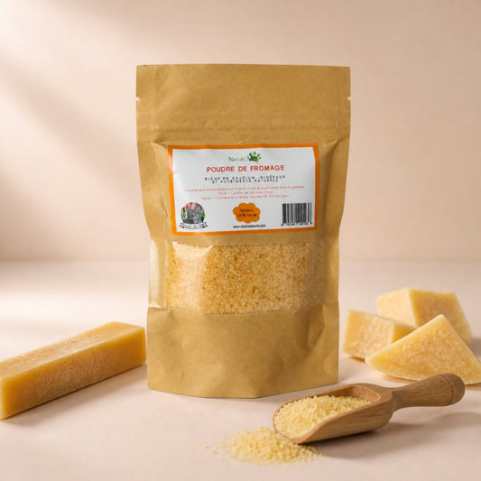 Sachet kraft de recharge de poudre de fromage, avec bâton de fromage d'Himalaya, morceaux de fromage et pelle en bois de copeaux.